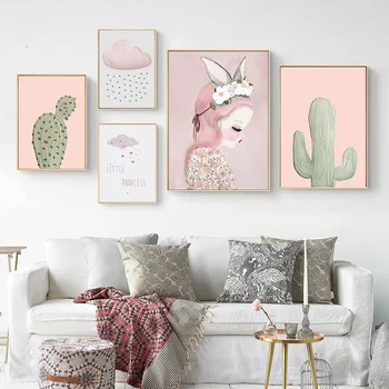 

Pink Flower Girl Poster Cactus Wall Art Pictures Posters And Prints Canvas Painting Baby Room Decor Nordic Home Decoration