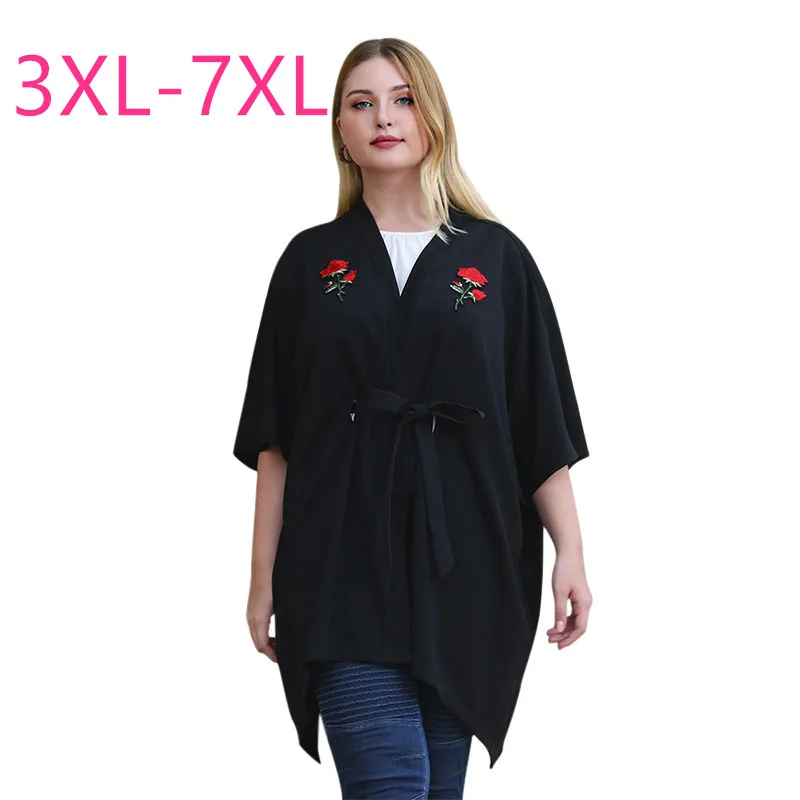 

2020 new spring autumn plus size shawl cardigan for women casual loose half sleeves bat long coat belt black 3XL 4XL 5XL 6XL 7XL