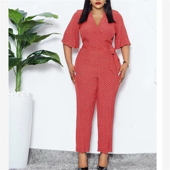 

Summer Polka Dot Printed Jumpsuit V Neck Flare Short Sleeves with Sashes Elegant Women Overall Female Bodysuit Plus Size Romper