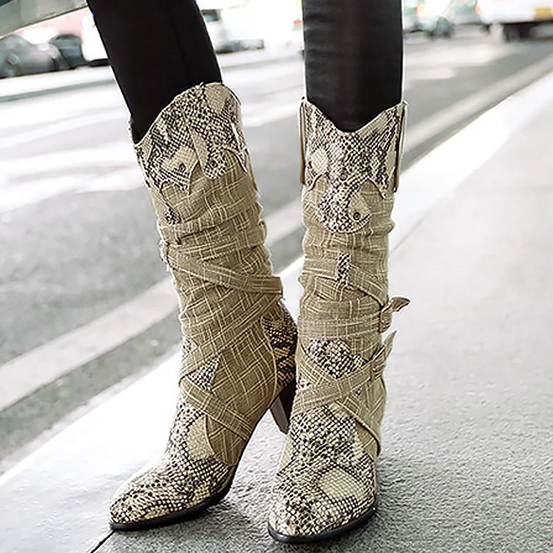 

2019 New Snake print Mixed Colors Belt buckle Fashion Boots women Plus size 40-43 Mid-Calf Increasing Winter woman boots