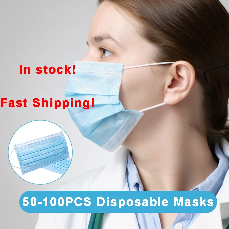 

50-100PCS Disposable Face Masks with Elastic Ear Loop Disposable Dust Filter Safety Mask Three Layer Mask Hot Sale