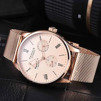 

Parnis 41.5mm Power Reserve Automatic Watch Mechanical Self Winding Men rose gold Watches seagull 1780 Date Multifunction Watch