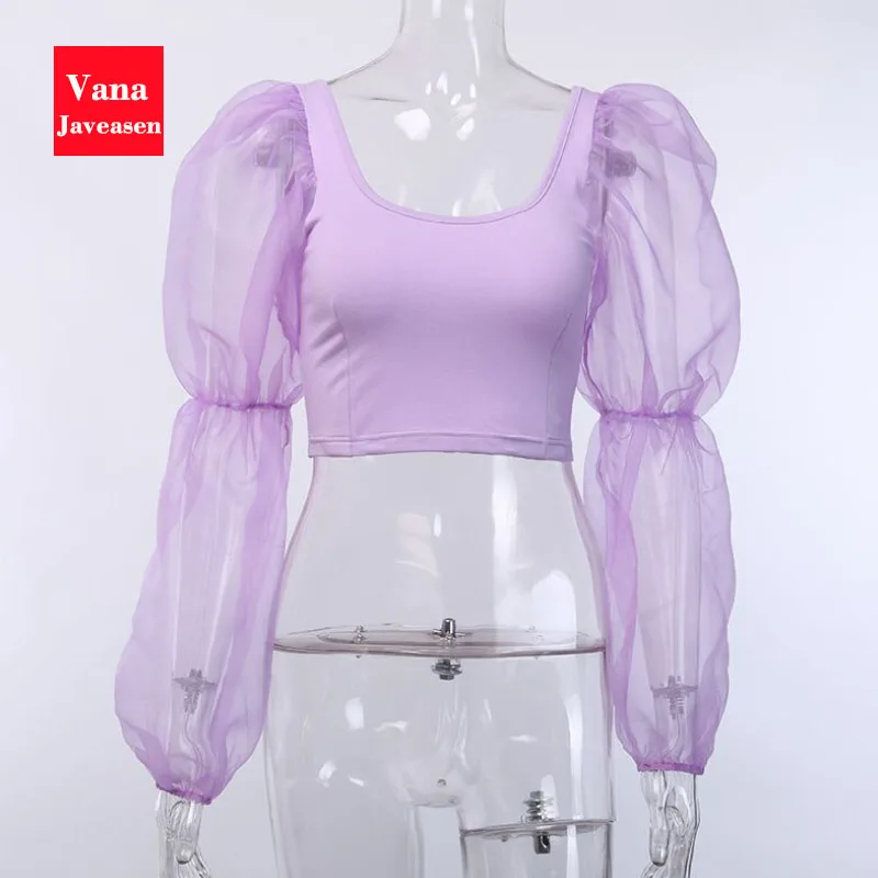 Vana Javeasen Mesh Square Collar Sexy Tanks Tops Solid Color Hollow Out Perspective Crop Top Patchwork Top Women