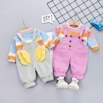 

Spring Autumn Baby Boys Girls Clothes Infant Cotton Rainbow T Shirt Wing Bib Pants 2pcs/sets Kids Children Casual Sport Suit