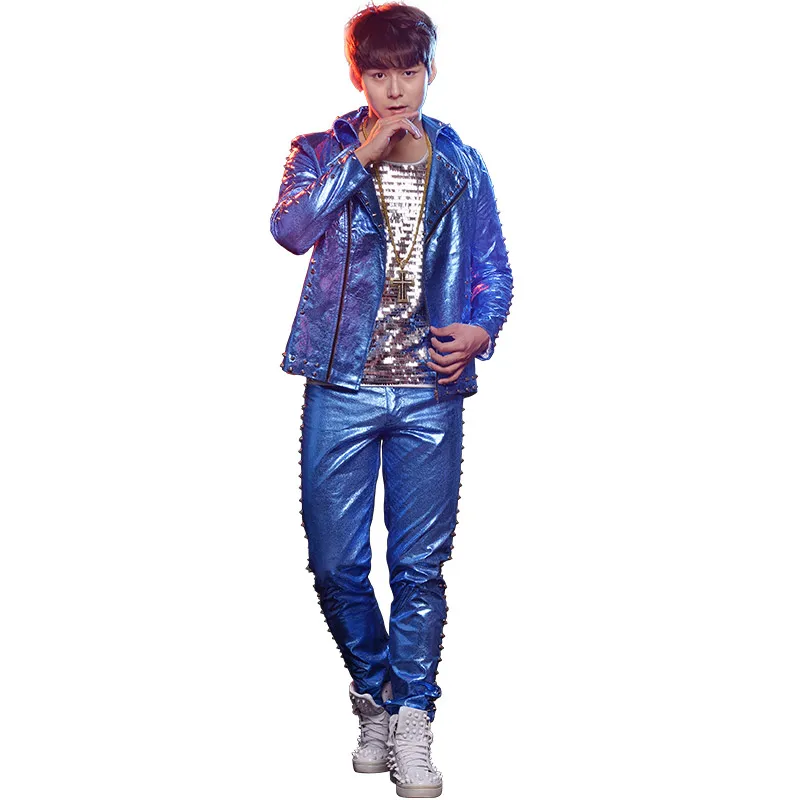 S-6XL!Men's street dance set drum liu nail men's song watch performance clothes rivet leather jacket suit