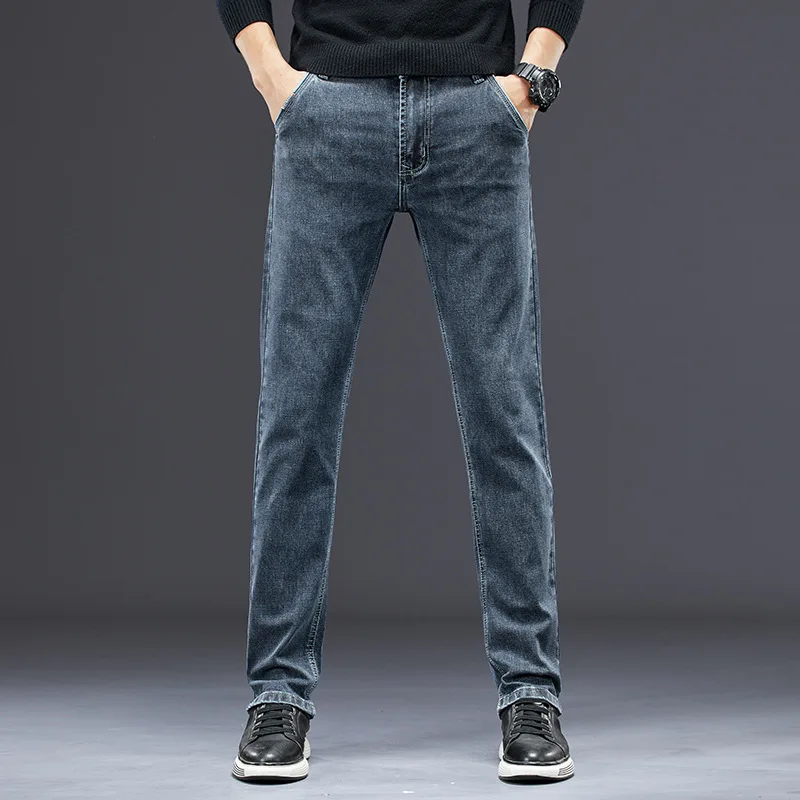 

Autumn Winter Newly Fashion Men Jeans Retro Blue Elastic Casual Smart Denim Pants Straight Fit Vintage Designer Cotton Trousers