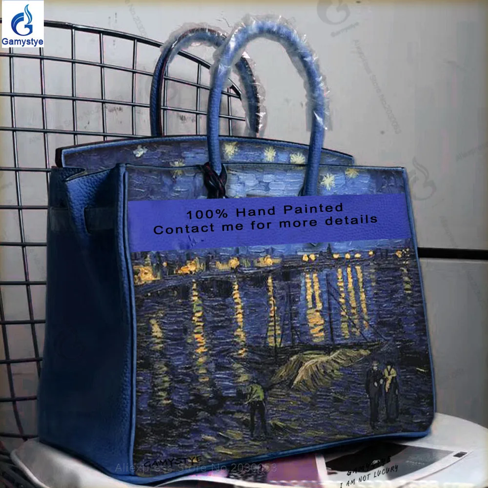 Hand Drawing handmake Art Vincent Willem van Gogh Starry Night Over the Rhone Women's 100% genuine leather bags handbags Classic |