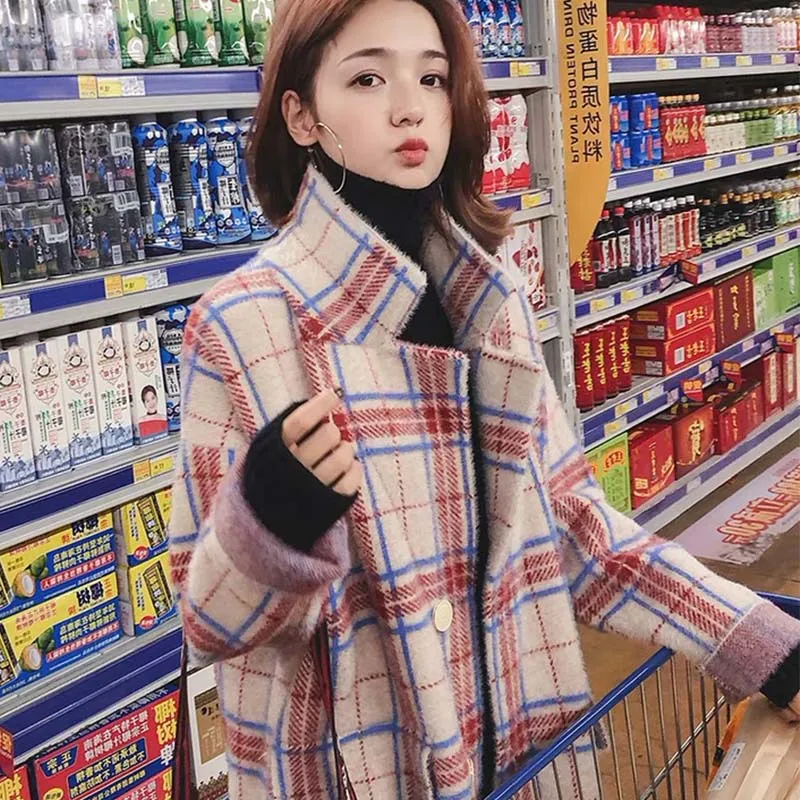 

Winter Plaid Coat Women's Autumn And Winter New Style 2018 Popular Retro Imitation Mink Cashmere Mid-length over-the-Knee Thick
