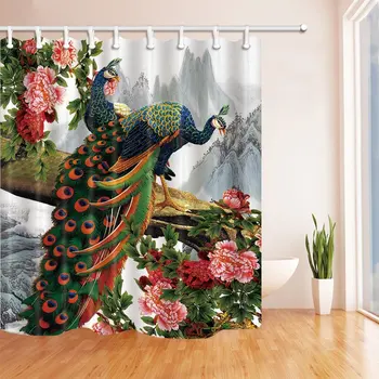 

Birds Decor Elegant Peacock In Peony Flower Shower Curtains Mildew Decorations Curtains Polyester Bath Bathroom Fabric Resistant
