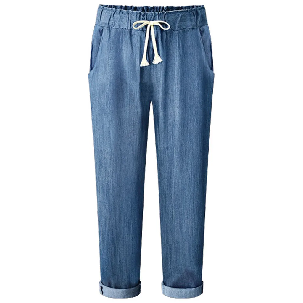 Womail штаны со средней талией размера плюс женские штаны с эластичной резинкой на талии Свободные повседневные Стрейчевые брюки джинсовые однотонные женские штаны - Цвет: Blue