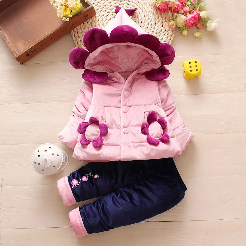 Комплекты теплой одежды для маленьких девочек милые хлопковые плотные толстовки для новорожденных+ штаны Бархатные спортивные костюмы для девочек, зимние костюмы для малышей - Цвет: Розовый