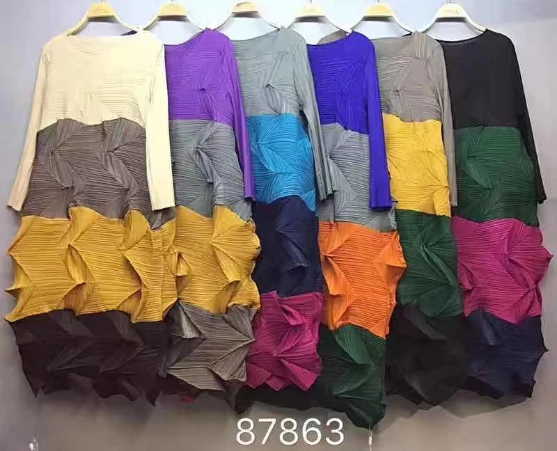 Горячая Miyake модное плиссированное платье со складками со стразами три четверти лоскутное платье с круглым вырезом