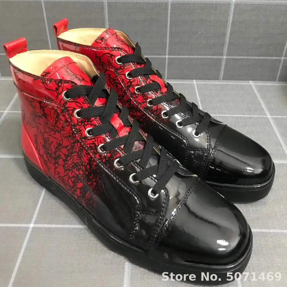 

2019 OLOMLB-CL high Top Leisure Lace Up Black Patent Leather Shoes Rivets Red Bottoms For Men Sneakers Flat Loafers Footwear