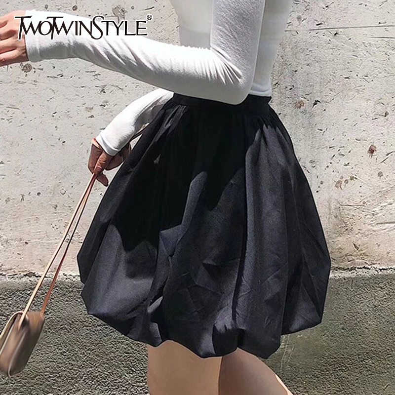TWOTWINSTYLE Vintage Ball Gown Skirts Women High Waist Sweet Style Mini Ruched Skirt For Female Clothing Spring Summer Fashion | Женская