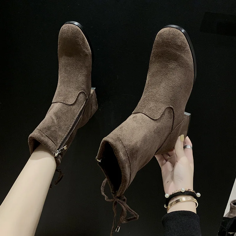 

Martin Boots 2019 Winter New Style Square Head Chunky-Heel Elasticity Short Boots Semi-high Heeled Versatile Thin Boots Students