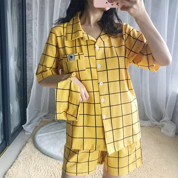 

Yellow Plaid Pyjamas Ladies Summer Short Sleeve Shirt+Shorts+Blinder Sleepwear Cartoon 3pcs Japanese Korean Cotton Homewear S975