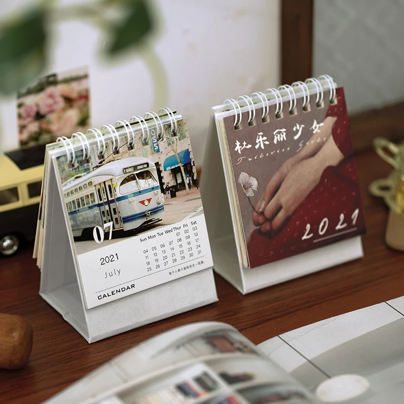 Yoofun Retro Calendar 2021Mini Desktop Calendar office supplies Schedule Table Planner Yearly Agenda Organizer Office afbeelding