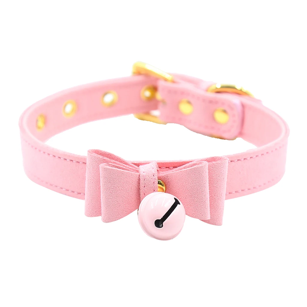 PU Leather Bow Collar Necklace Choker with Bell Cosplay Kitty Necklace Pink