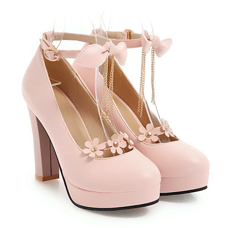 

women's super high heels lovely floral strap pumps 2019 new spring fashion thick platform pink bowtie shoes woman lolita