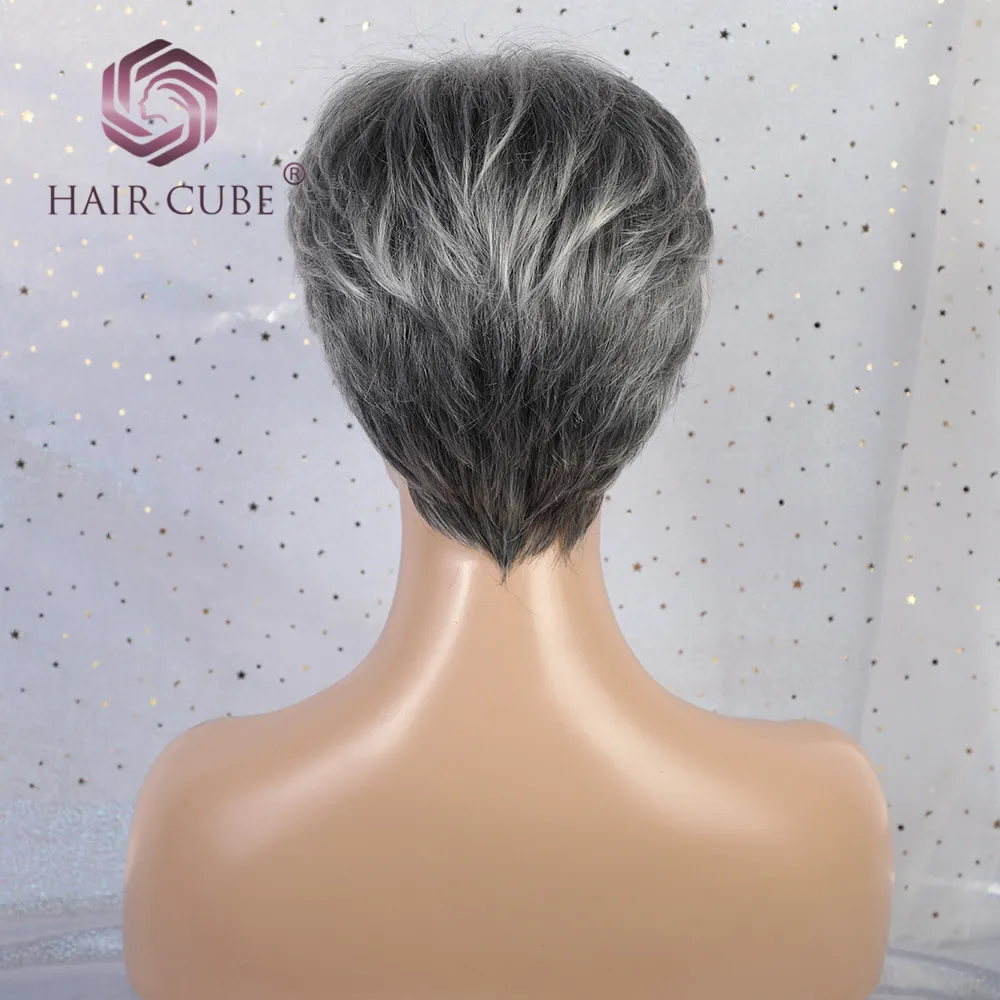 Haircube синтетические короткие прямые волосы парики Pixie срезанные серые цвета 50% человеческие волосы Омбре блики сторона челка смесь парик для женщин