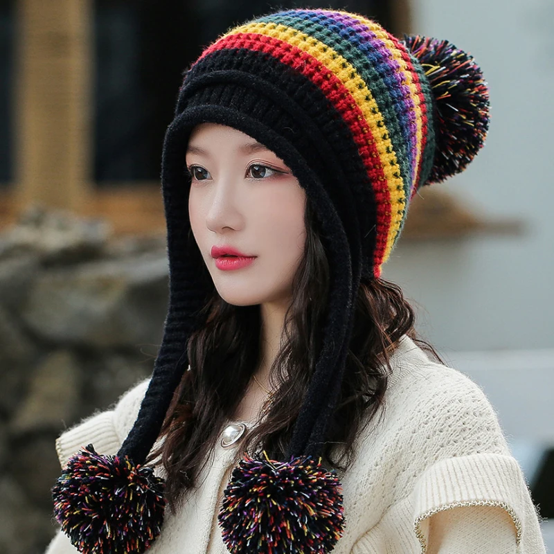 HT2787 Skullies Beanies, женская зимняя шапка с тремя помпонами, шапка-ушанка, теплая флисовая вязанная шапка, Женская Лоскутная Лыжная Шапочка