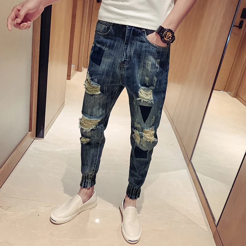 

YASUGUOJI Fashion Knee Hole Slim Distressed Jeans Men Ripped Men Jeans Rock Streetwear Mens Patch Jeans Men's Jeans Trousers