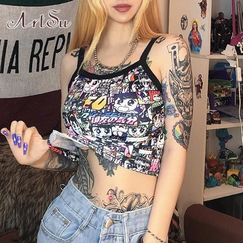

ArtSu Sexy Cartoon Print Off Shoulder Sleeveless Crop Top 2020 Summer Women Kawaii Harajuku Camisole Tops Streetwear ASVE21257