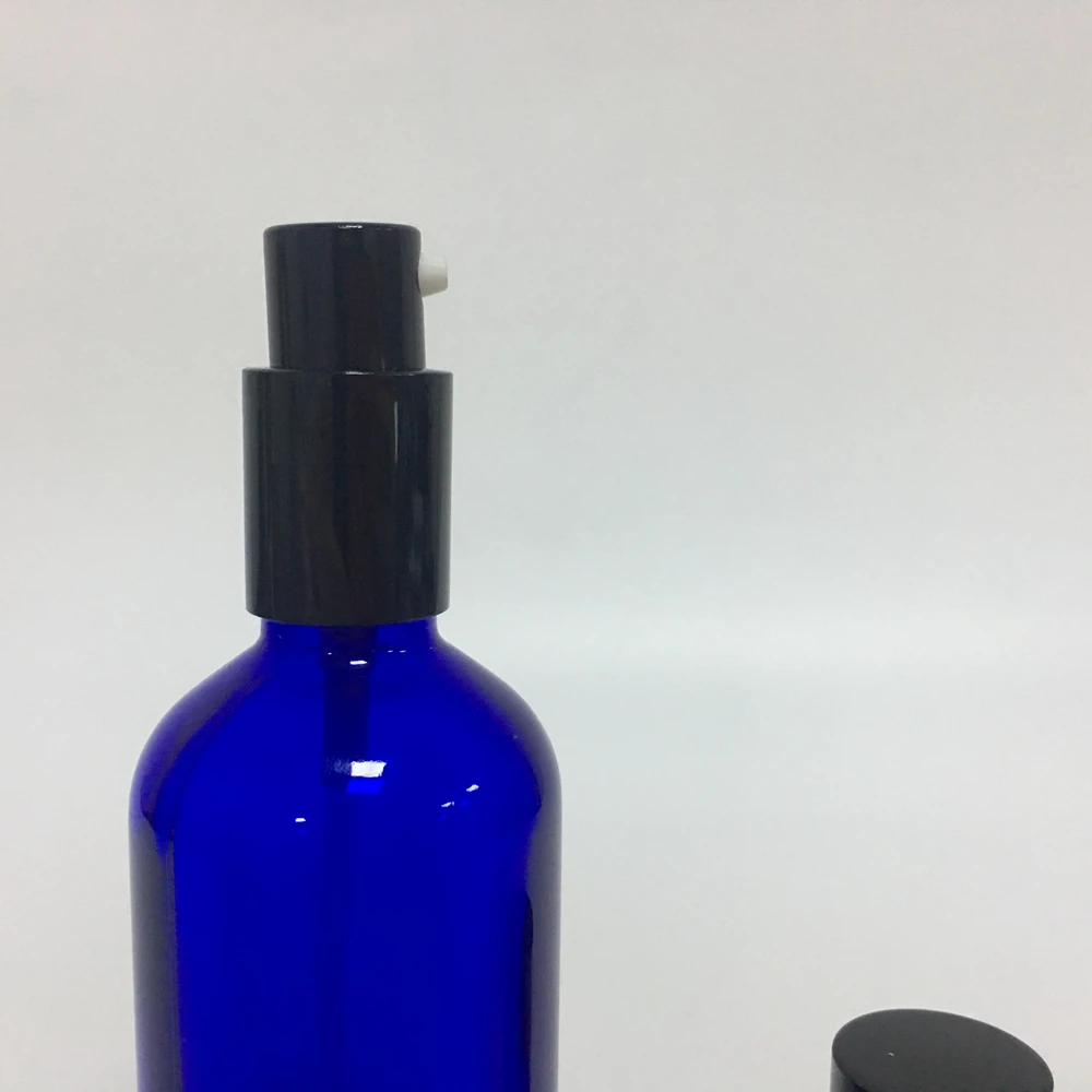 200pcs Blue Round Empty 100ml Lotion Glass Bottle with Black Cap