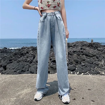 

Korean 2020 New Spring Summer New Fashion High Waist Jeans Femme Straight Loose Casual Wide Light Blue Denim Pants casual KZ64