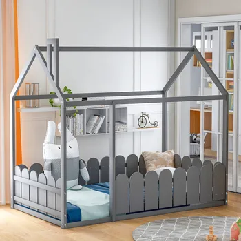

（Slats Are Not Included) Twin Size Wood Bed House Bed Frame With Fence, For Kids, Teens, Girls, Boys