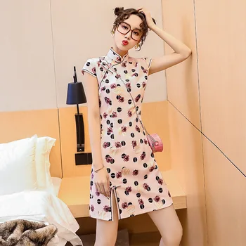 

2020 New Summer Short Sleeve crane Printed Daily Improve Qi Pao Dress Elegant Chinese Style Qipao Cheongsams Dress