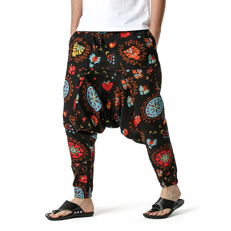 black harem pants Boho Style Mens Trousers 2021 New Cotton Print Casual Pants Men Breathable Harajuku Streetwear Oversize Baggy Male Harem Pants white harem pants