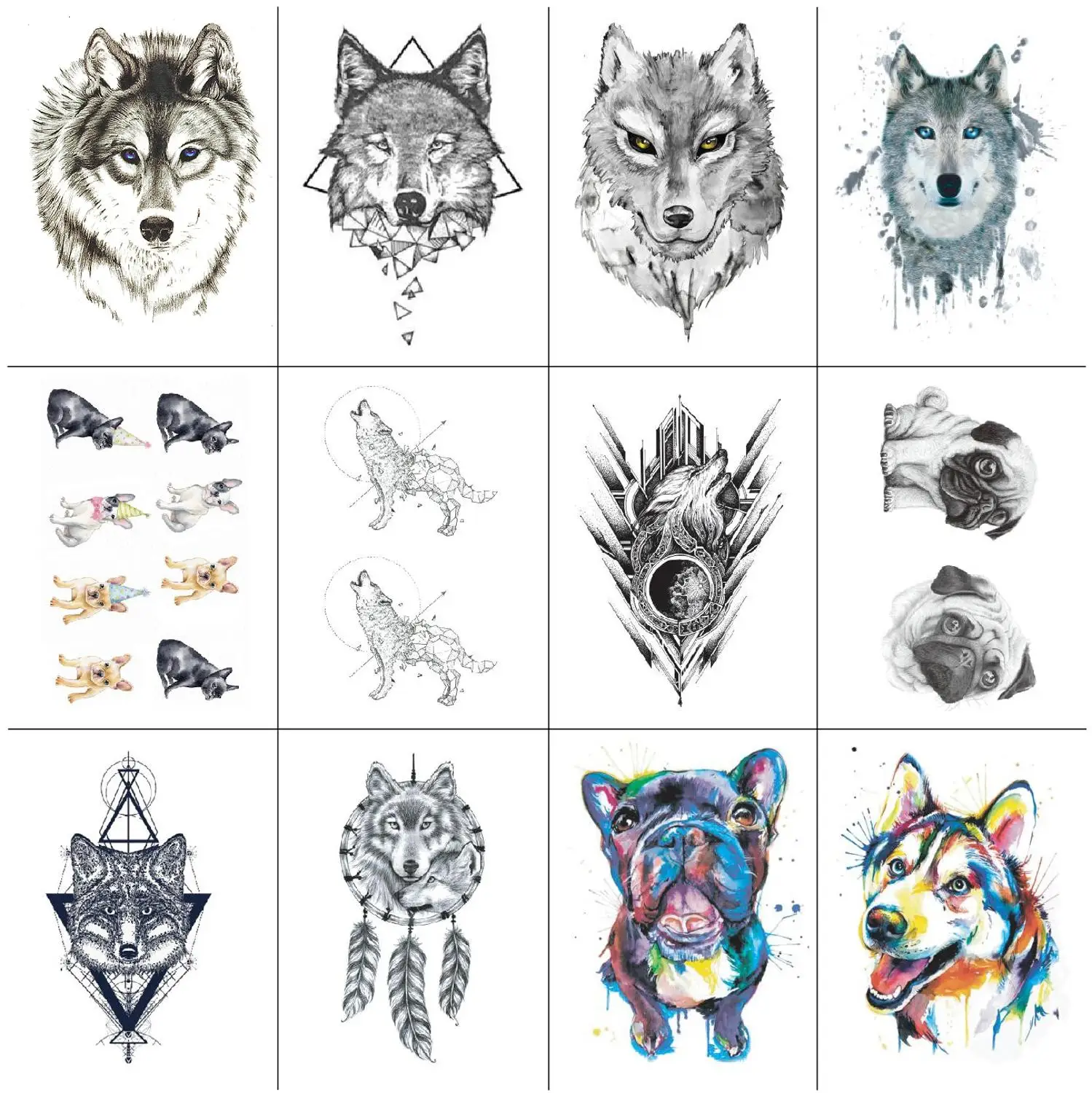 

Wolf Dog Temporary Tattoo Sticker Cartoon Fake Tatoo Waterproof Hand Arm Body Art 10.5X6cm Set of 12