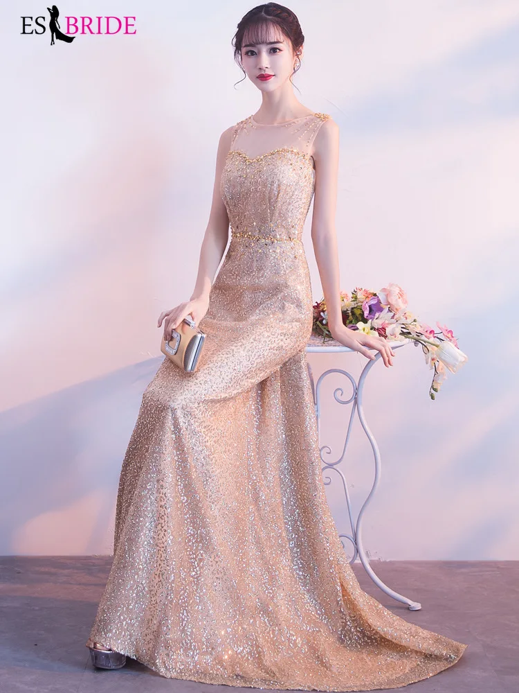 

Sexy Gold Evening Dresses Long ES30093 Sequined Round-Neck sleeveless A line Sparkle Party Gowns Abendkleider 2019