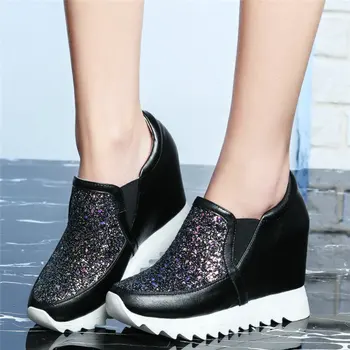 

Tennis Shoes Womens Genuine Leather Platform Wedge High Heel Pumps Bling bling Glitters Round Toe Fashion Sneakers Casual Shoes