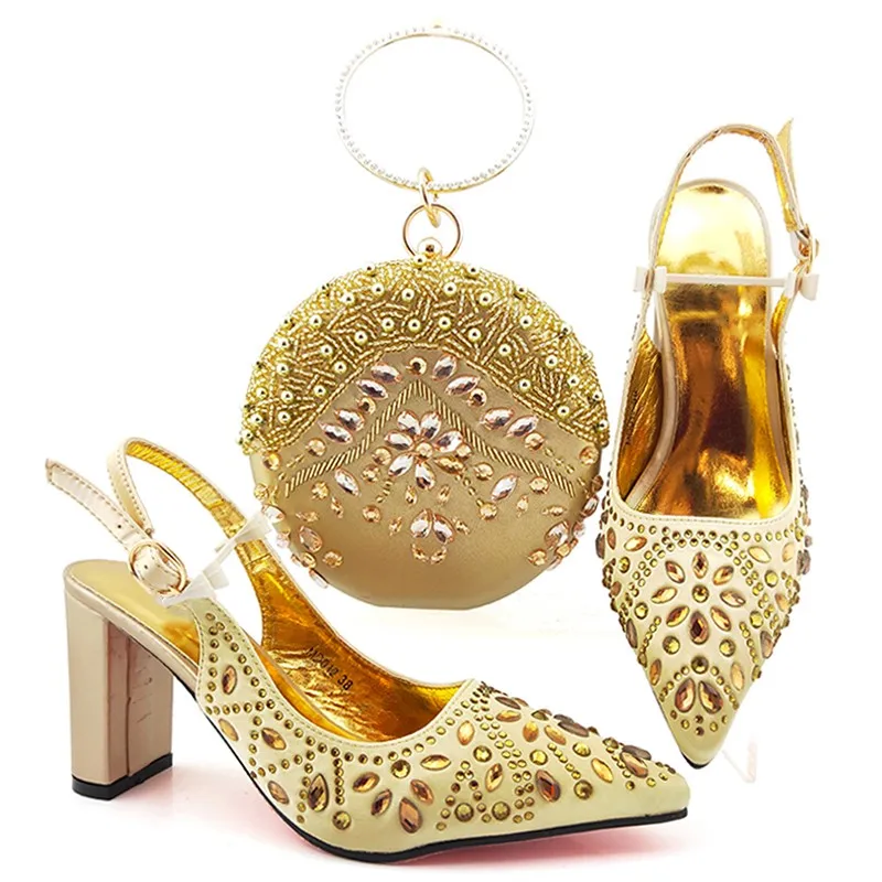 

Top sale gold women pumps with nice crystal style decoration african dress shoes match handbag set MD012,heel 9CM