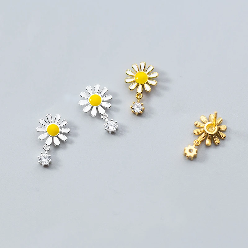 

100% Real 925 Sterling Silver Cute Flower Short Drop Earrings Light Daisy Zircon Earrings for Women Girls