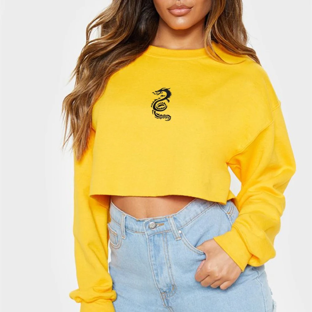 

2020 New Womens Long Sleeve Sweatshirts Crop Tops Spring Autumn Dragon Print Casual Loose Pullover Ladies Shirts Camisetas