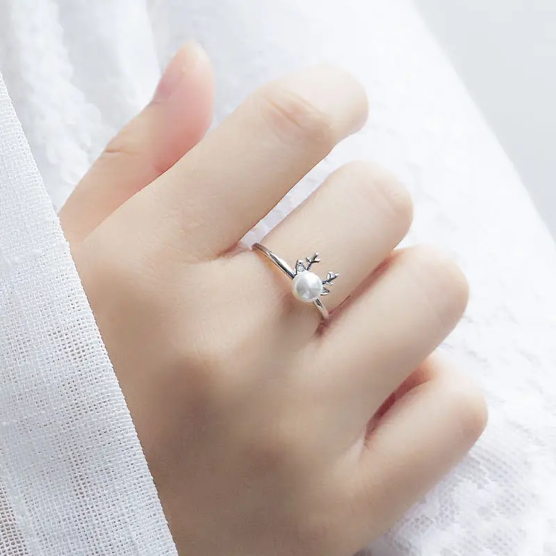 

New Kpop Simple Pearl Antlers Women's Ring Silver Colour Elk Opening Adjustable Nuckle Ring Christmas Gift Fashion Jewellery