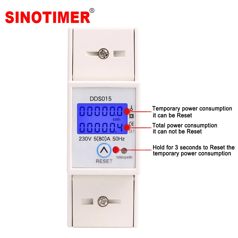 Sinotimer Dds015 5-80A 230 В 50 Гц Кнопка сброса подсветки дисплей однофазный домашний рейка счетчик энергии