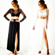 Модная женская юбка, сексуальная Прозрачная Кружевная блуза с длинным рукавом+ длинная юбка с высоким разрезом+ три комплекта юбки