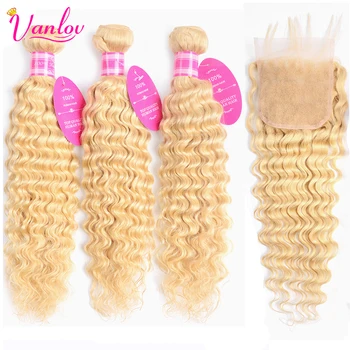 

Vanlov 613 Blonde Bundles With Closure Deep Wave Human Hair Bundles With Closure Brazilian Hair Weave Bundles 4pc/lot Remy Hair