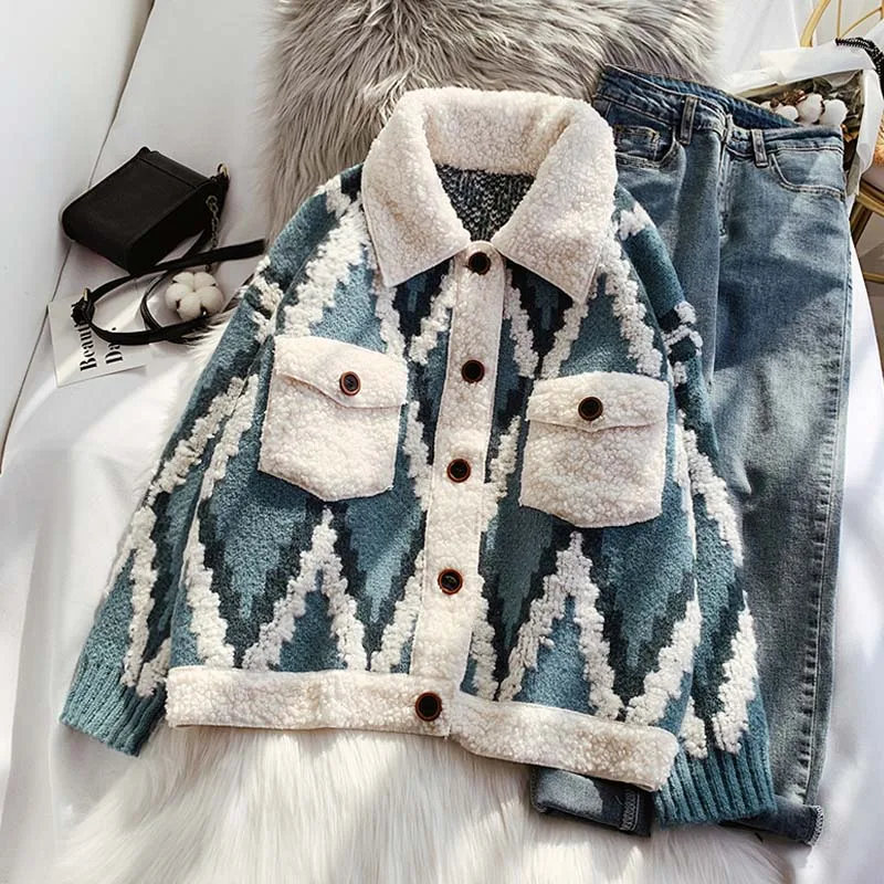 

Winter Thickened Korean Loose Knitted Coat Women's Single Breasted Shirt Pocket Retro Autumn and Winter Cashmere Knitted Coat