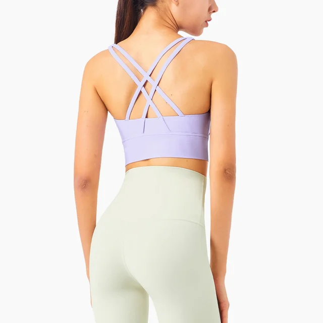 Lulu Hot Sell Gym Yoga Vest Athletic Fitness Women Sports Bra Solid Color Cross Sexy Tights Tank Top Butter Soft With Chest Pad Lavender Dew