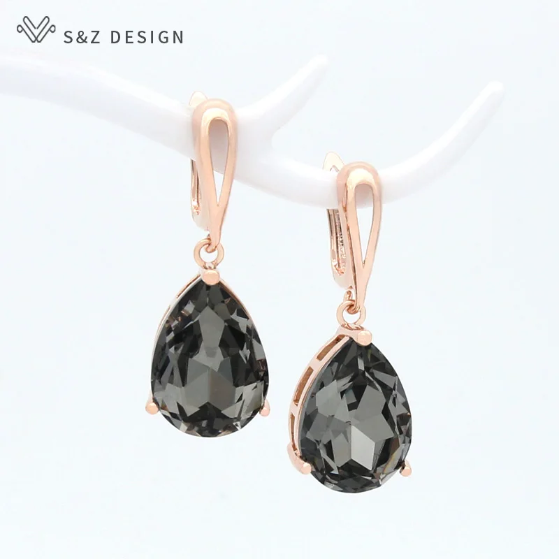 S&Z DESIGN New Fashion Water Drop Big Crystal Dangle Earrings For Women Wedding Jewelry Gift 585 Rose Gold Color Eardrop