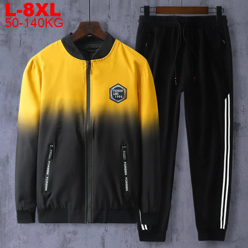 Tracksuit Pants-Sets Jacket Mens Big-Size 8xl Coat Male Streetwear Printed Zipper 2pieces