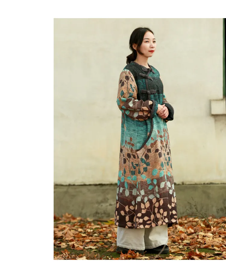 LZJN Women's Ethnic Winter Dress Vintage Chinese Style Soft Fleece Lined Warm Thicken Printed Maxi Coat Pullover with Pockets  (4)