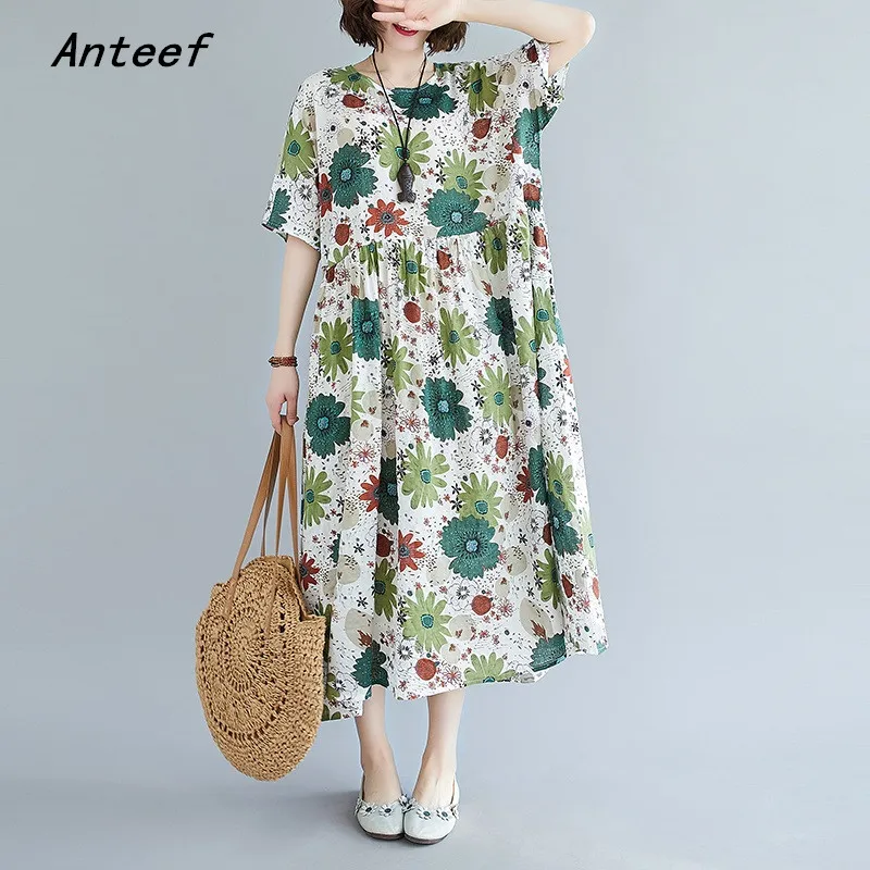 short sleeve cotton linen vintage floral dresses for women casual loose ...