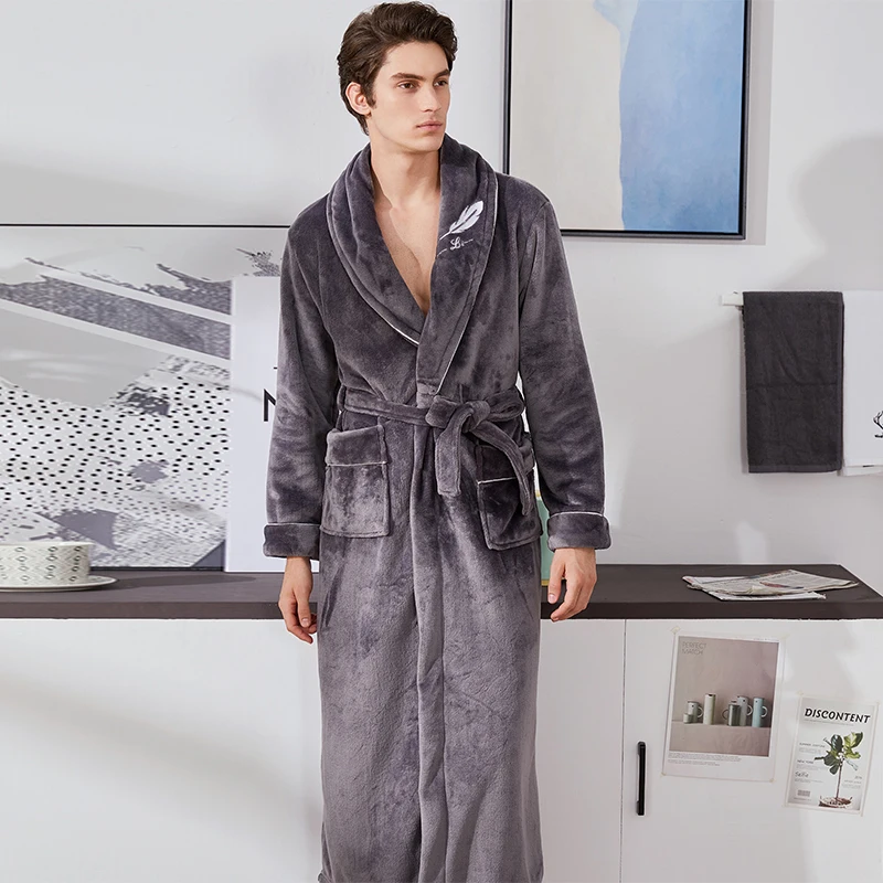 Men Dark Gray Высококачественный простой мужской женский зимний теплый халат, домашняя одежда для мужчин и женщин, мягкий фланелевый банный халат с вышивкой в виде листьев - Цвет: Men Dark Gray
