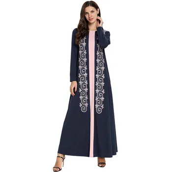 

Comfortable Arabian Large Size Women's Dress Blue Floral Embroidered Stitching Muslim Robes Casual Long Maxi Dresses TA9008